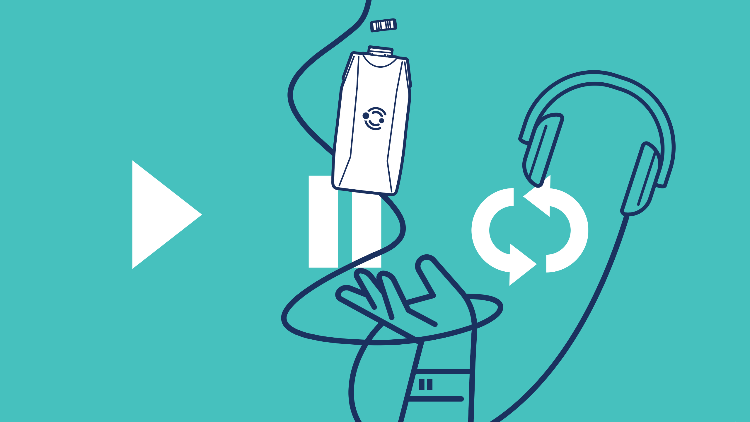 Hero image of the campaign that has play, pause, repeat icons and a hand grasping a carton and a pair of headphones in a solid line drawn style