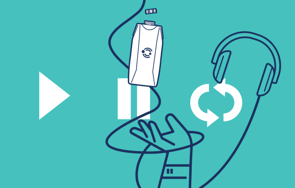 Hero image of the campaign that has play, pause, repeat icons and a hand grasping a carton and a pair of headphones in a solid line drawn style
